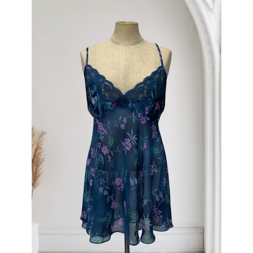 VTG Women California Miss Slip Dress L Blue Floral Satin LaceFairy 90s Babydoll